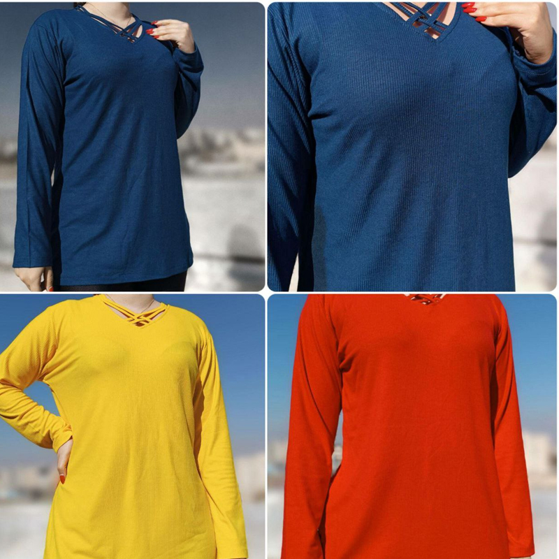 بلوز آستین بلند یقه پنجره ضربدری  (پک 5 عددی)