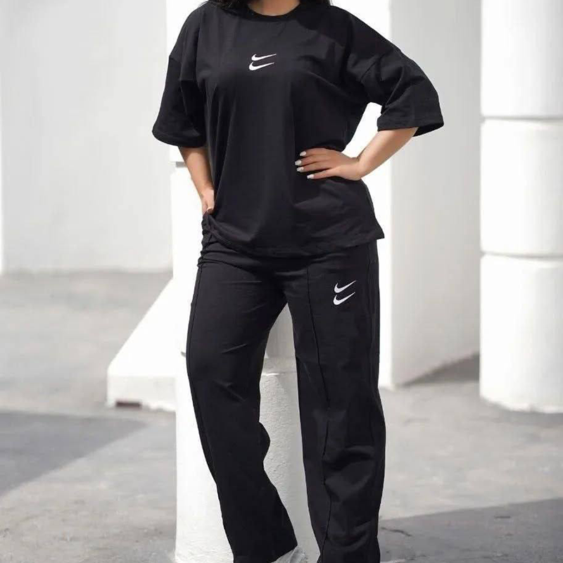 ست تیشرت شلوار بگ دبل نایک تک رنگ مشکی  (پک 3 عددی)