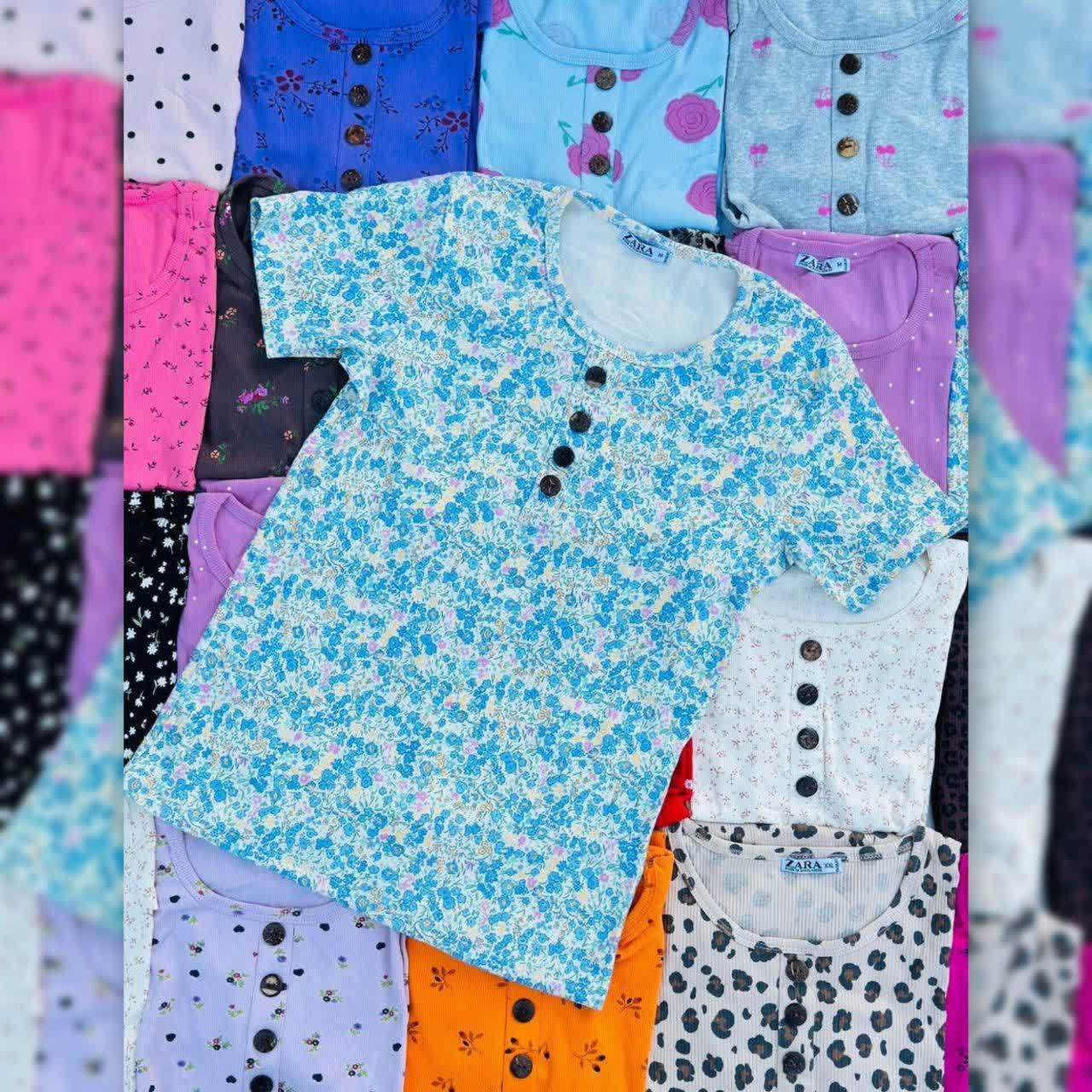 تیشرت یقه گرد ZARA دکمه چوبی عمده (پک 6 عددی)