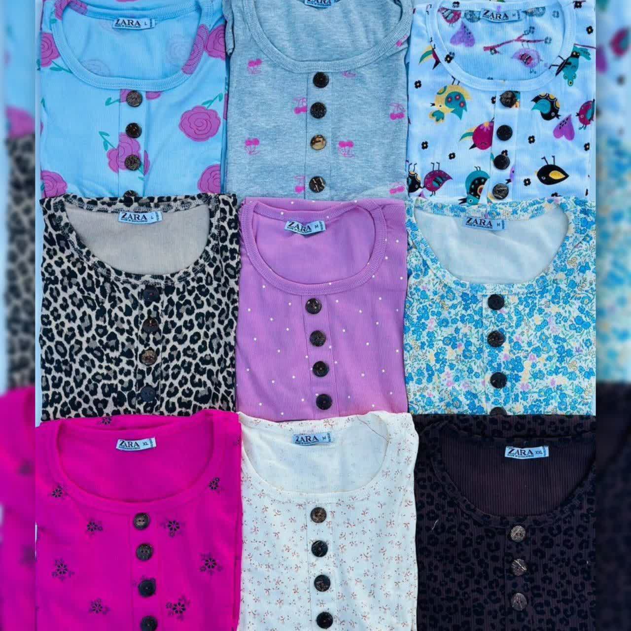 تیشرت یقه گرد ZARA دکمه چوبی عمده (پک 6 عددی)